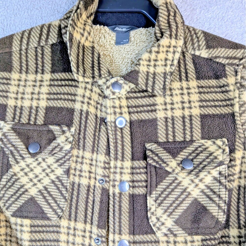 Eddie Bauer Kids Plaid Fleece Jacket Sherpa Brown Snap Front Shacket Size 8 - Picture 3 of 7